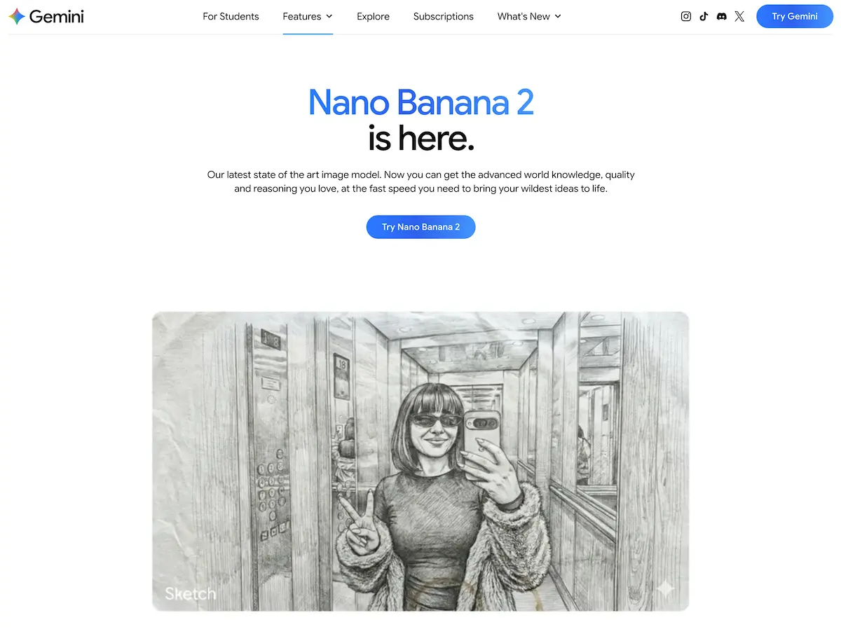 Screenshot of the Gemini Nano Banana 2 homepage, Google's AI image generation and editing tool.