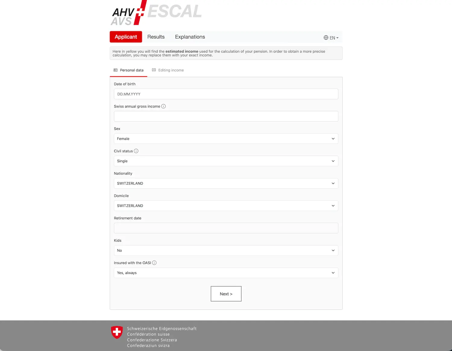 The first screen of ESCAL: the official Swiss web application enabling retirement pensions to be estimated online.