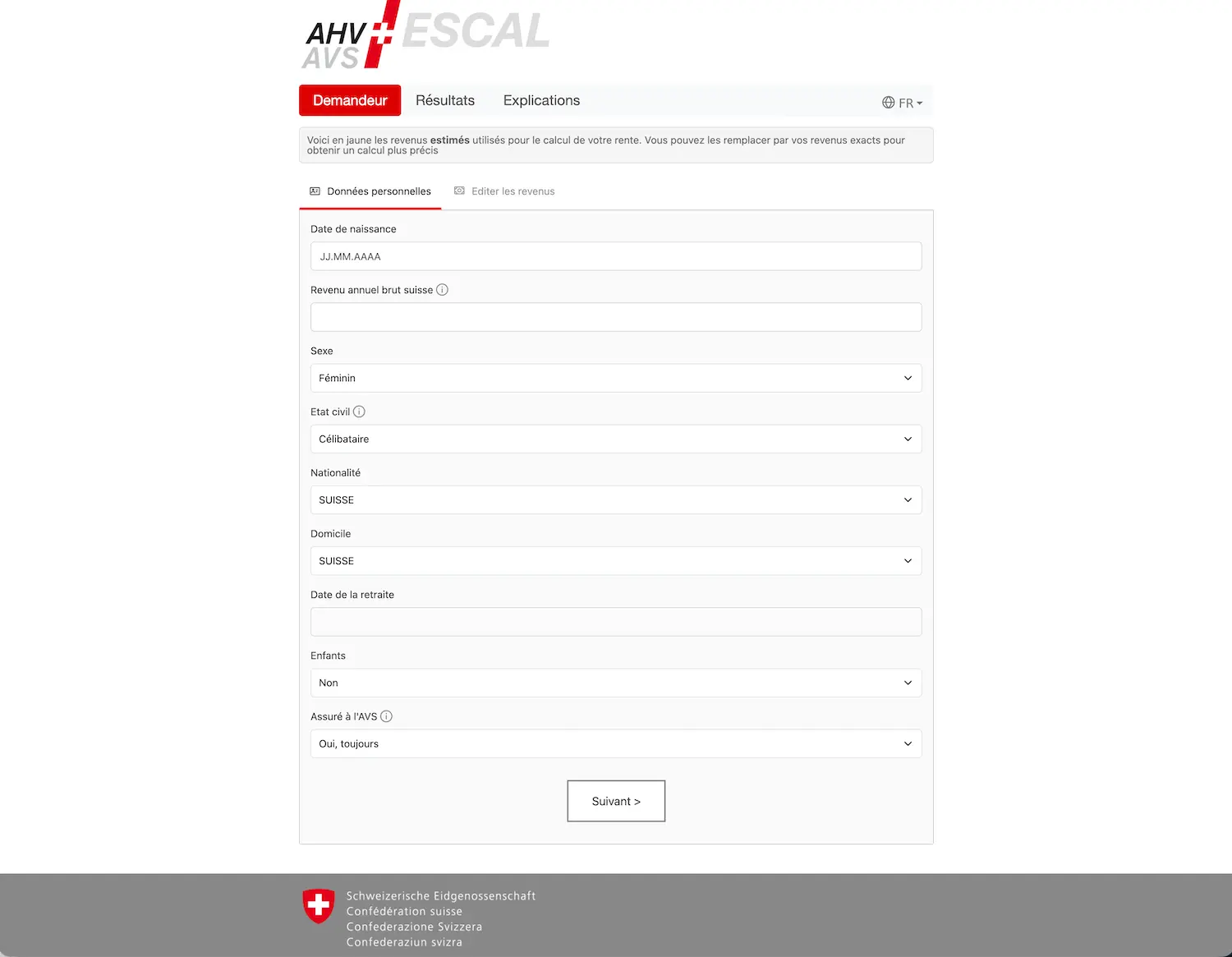 Le premier écran d'ESCAL: l'application web officielle suisse qui permet d'estimer ses rentes de vieillesse en ligne.