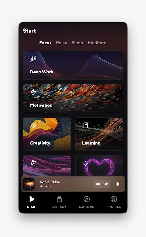 Brain.fm app screen showing Deep Work, Motivation, Creativity, and Learning focus sessions